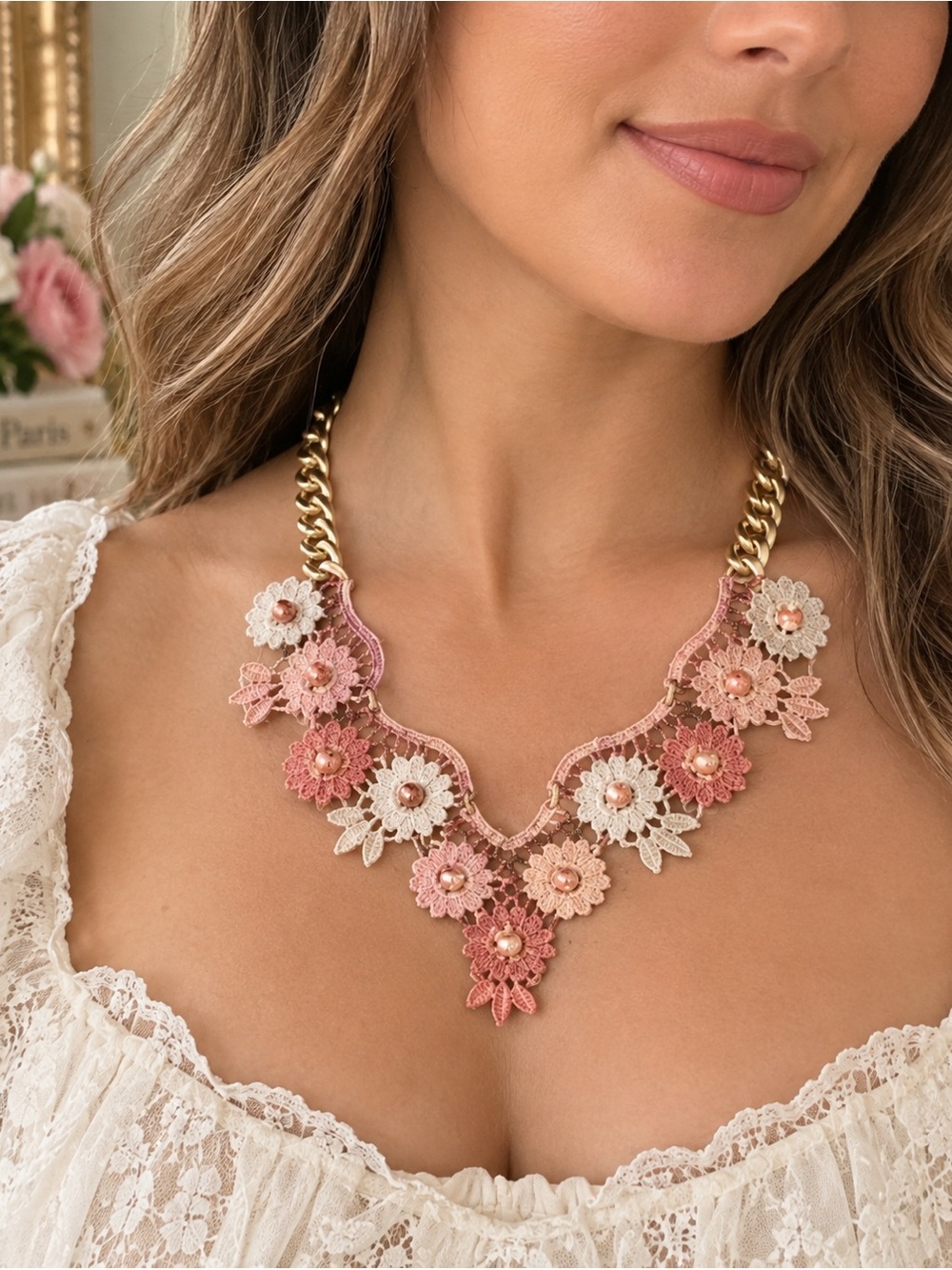 Romantic Antique Style Flower Chain Doily Necklace